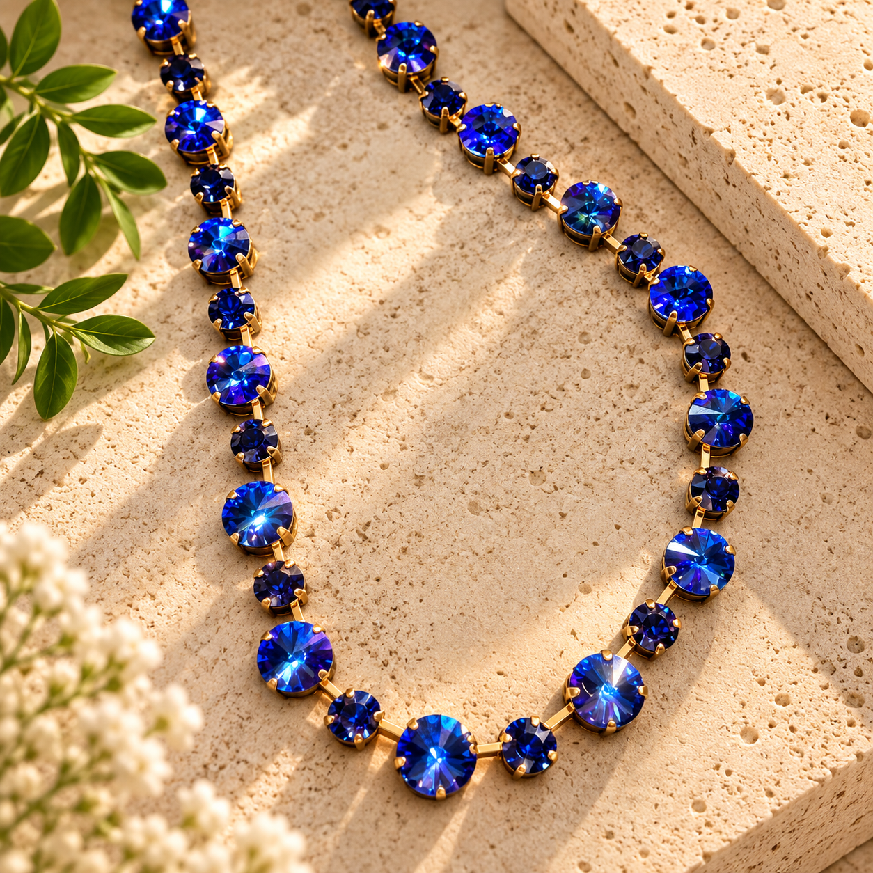 PENNY GOLD EXTRA LONG DOUBLE-UP NECKLACE IN HELIOTROPE/DARK SAPPHIRE/SAPPHIRE