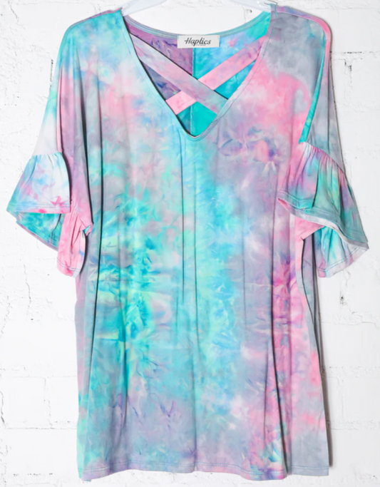 TIE DYE RUFFLE SLEEVE TOP